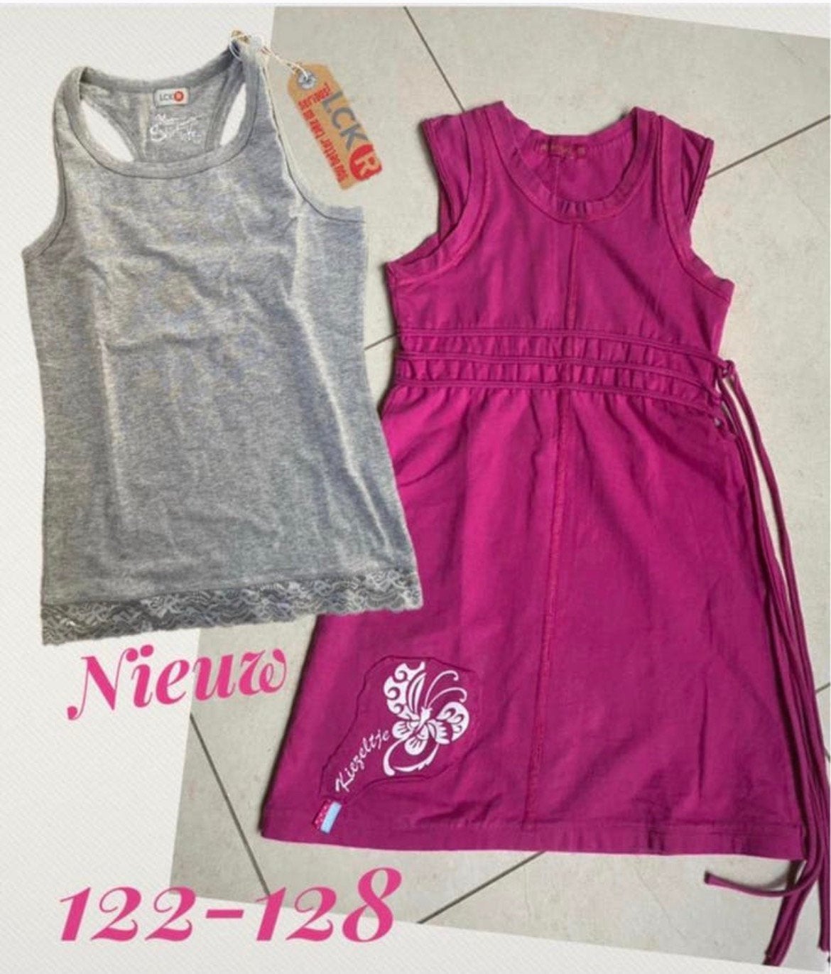 Kiezeltje roze jurk + Lckr hemd/singlet grijs 122-128 nieuw, Ophalen of Verzenden, Zo goed als nieuw, Meisje, Jurk of Rok