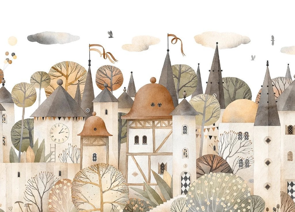 Sprookjes dorp fotobehang Beige - kinderkamer behang - NIEUW, Kinderen en Baby's, Verzenden, Nieuw