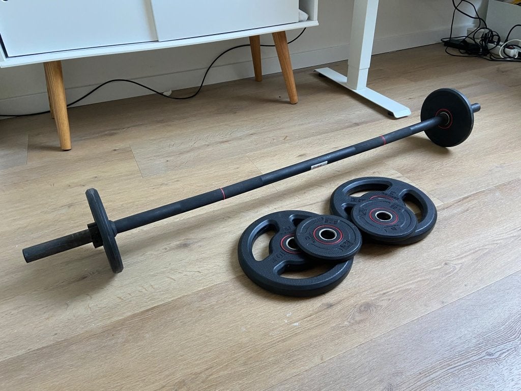Domyos barbellset 20 kg met halterschijven, Ophalen, Gebruikt, Armen, Halterset