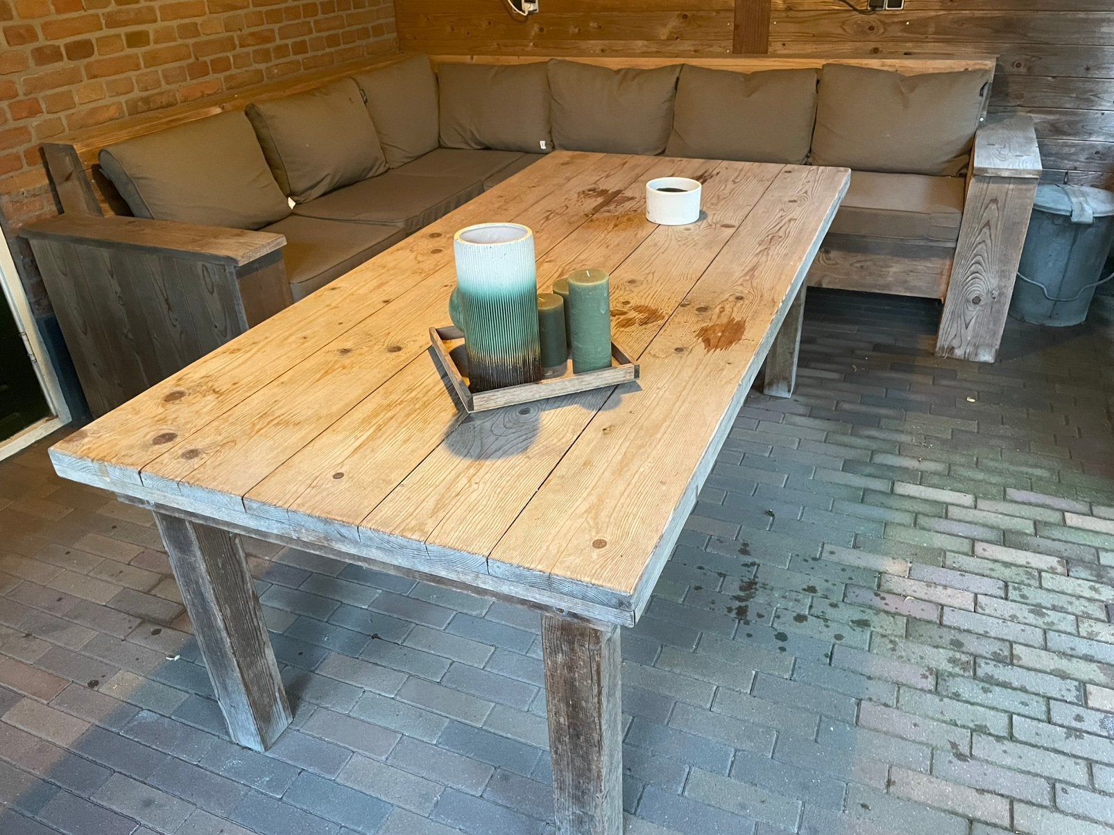 Grote loungebank met tafel, Ophalen, Gebruikt, 6 zitplaatsen, Steigerhout
