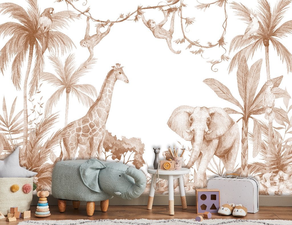 Fotobehang / Behang - Kinderkamer - Jungle Dieren Terracotta, Huis en Inrichting, Meerkleurig, Info@fotobehangkoning.nl, Fotobehang