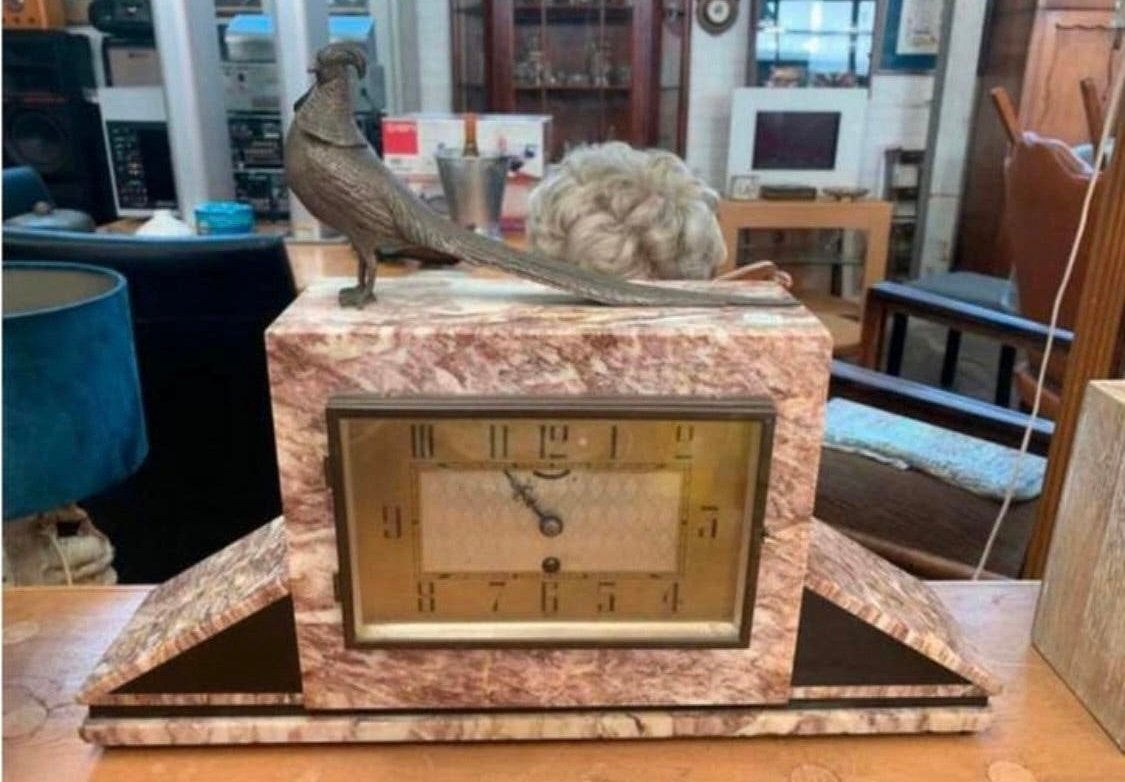 Klok Pendule Art Deco bronzen marmeren Franse antieke klok., Antiek en Kunst, Ophalen of Verzenden
