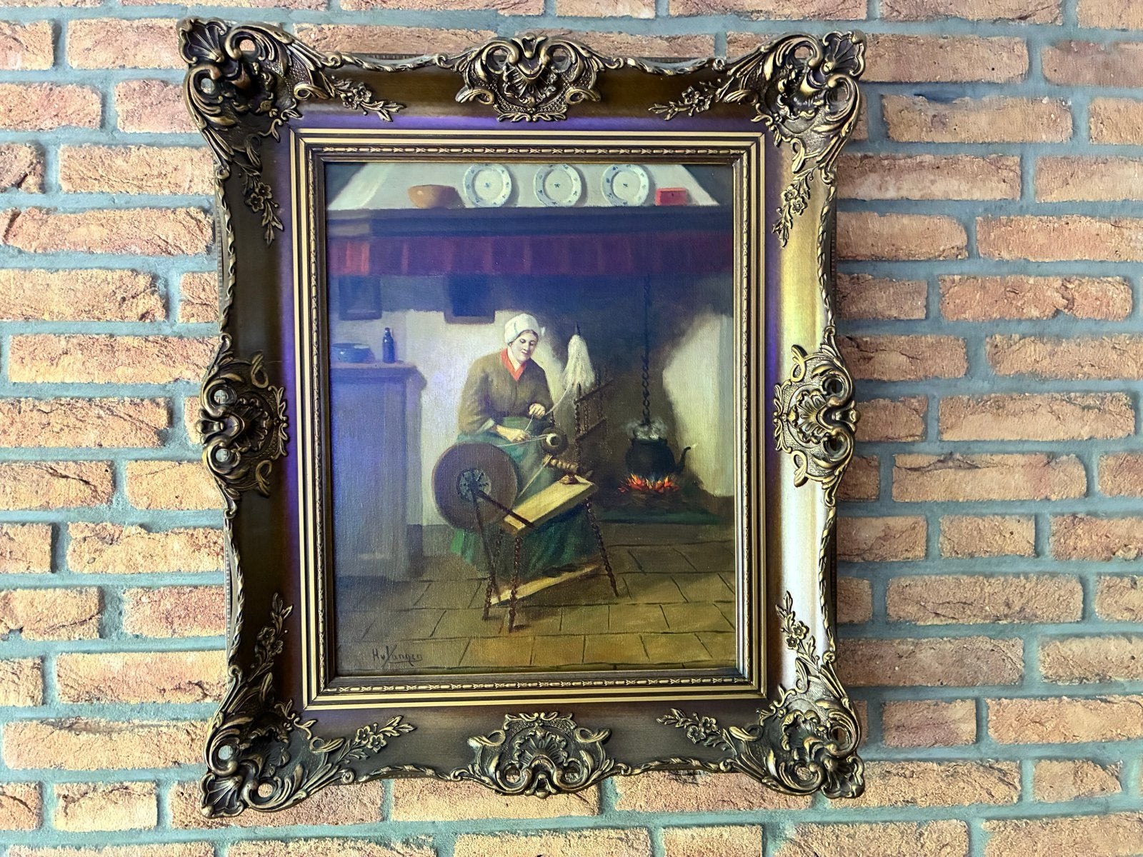 Klassiek Schilderij: Vrouw aan het Spinnewiel in Antieke Lij, Antiek en Kunst, Kunst | Schilderijen | Klassiek, Ophalen, Doek