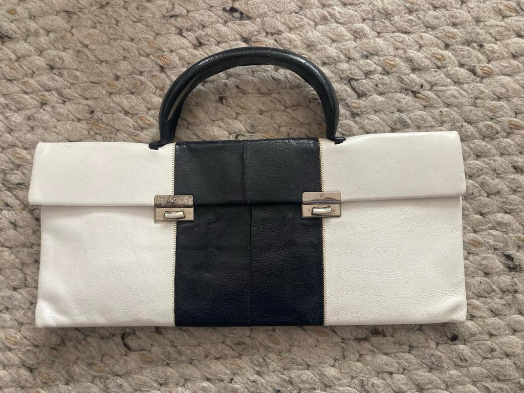 Vintage Zwart-Witte Leren Handtas Vogue Vienna, Sieraden, Tassen en Uiterlijk, Ophalen of Verzenden, Zo goed als nieuw, Wit, Handtas
