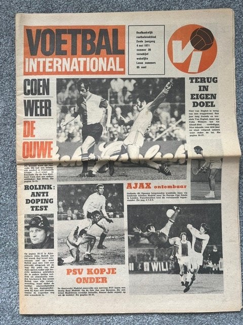 VI voetbal weekblad mei 1971 AJAX veel Johan Cruyff, Verzenden, Gebruikt, Ajax, Boek of Tijdschrift