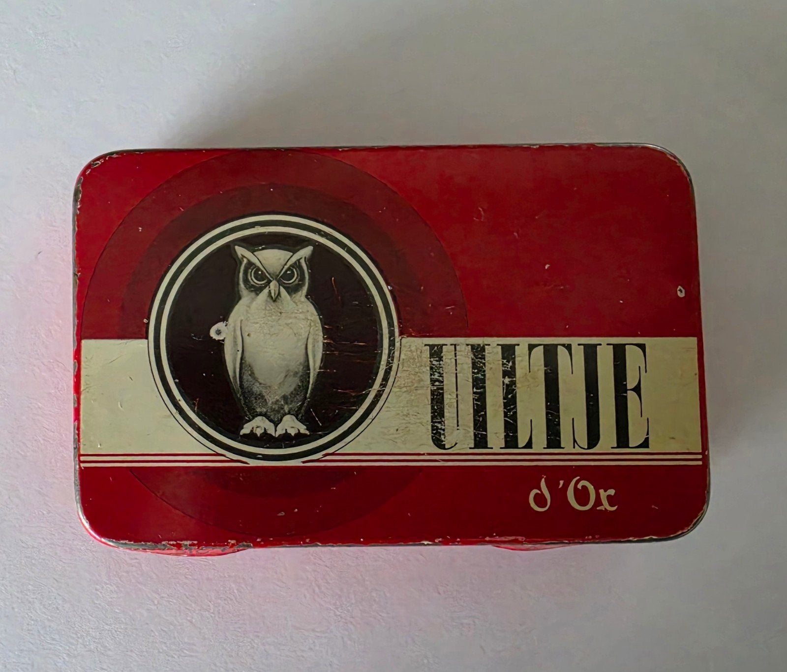 Uiltje d'Or blikje, Ophalen of Verzenden, Gebruikt, Tabaksdoos of Verpakking