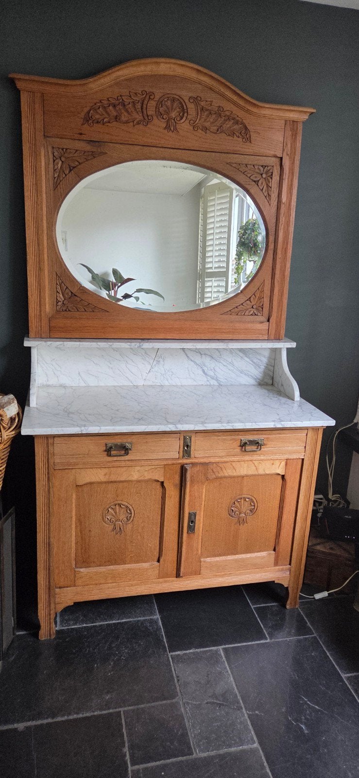 Antieke Vintage Commode met Marmeren Blad en Facet Spiegel, Ophalen of Verzenden