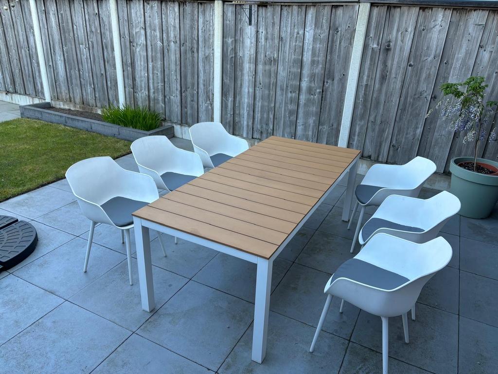 Toma tuinset wit aluminium polywood met 6 Paco tuinstoelen, Ophalen, Eettafel, 6 zitplaatsen, Aluminium