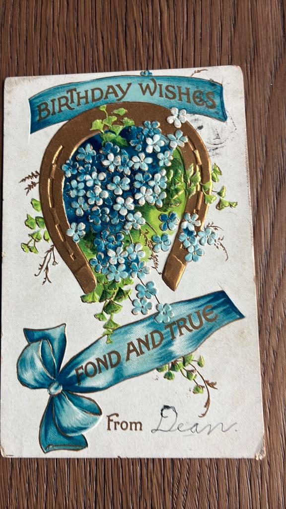 Felicitatie.Reliefkaart.Hoefijzer(goud).vergeetmijnietjes, Ophalen of Verzenden, Voor 1920, Gelopen, Sterren en Beroemdheden