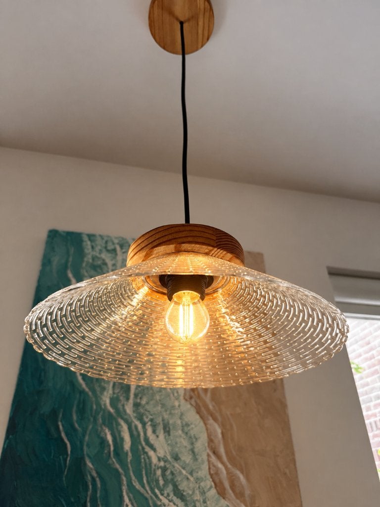 Unieke handgemaakte hanglamp van glas en gerecycled hout, Nieuw, Vintage, Handgemaakt, Uniek, Glas, E27 (groot)