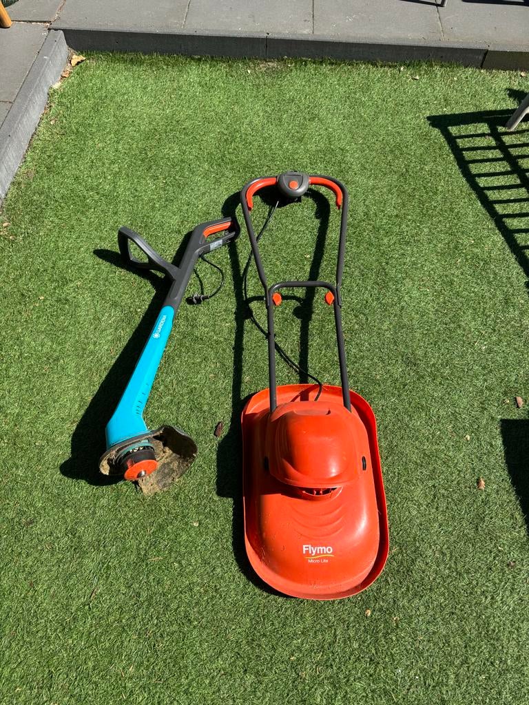 Flymo grasmaaier & Gardena grastrimmer set, Tuin en Terras, Grasmaaiers, Ophalen, Cirkelmaaier, Gebruikt, Elektrische grasmaaier