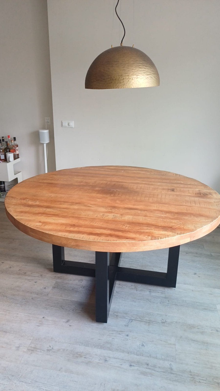 Robuuste ronde eettafel van mangohout - 150cm industrieel, Gebruikt, 150 tot 200 cm, Rond, 150 tot 200 cm