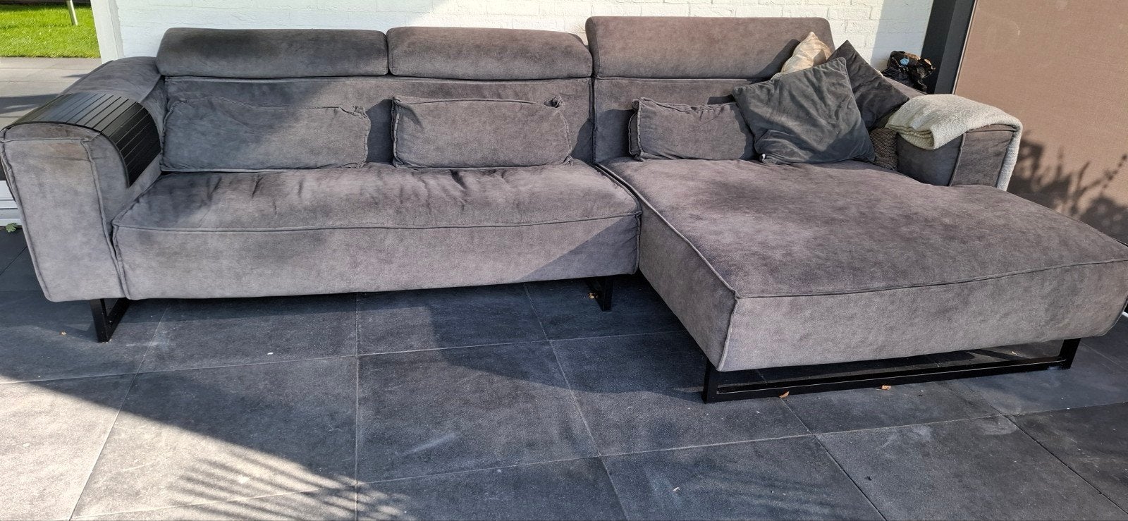 Grijgroene hoekbank met 2 persoons chaise longue - 300x170 c, Ophalen, Gebruikt, Stof