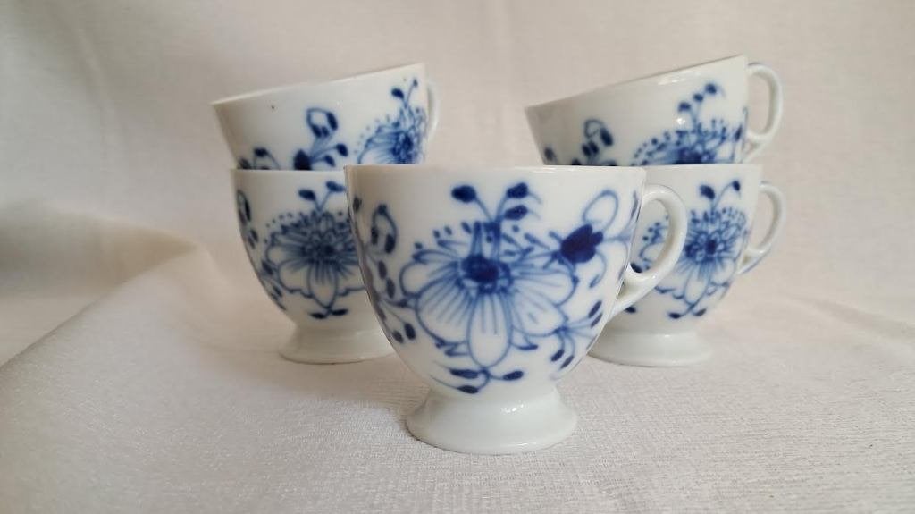 5 vintage uienpatroon koffiekopjes Wit blauw, Ophalen of Verzenden