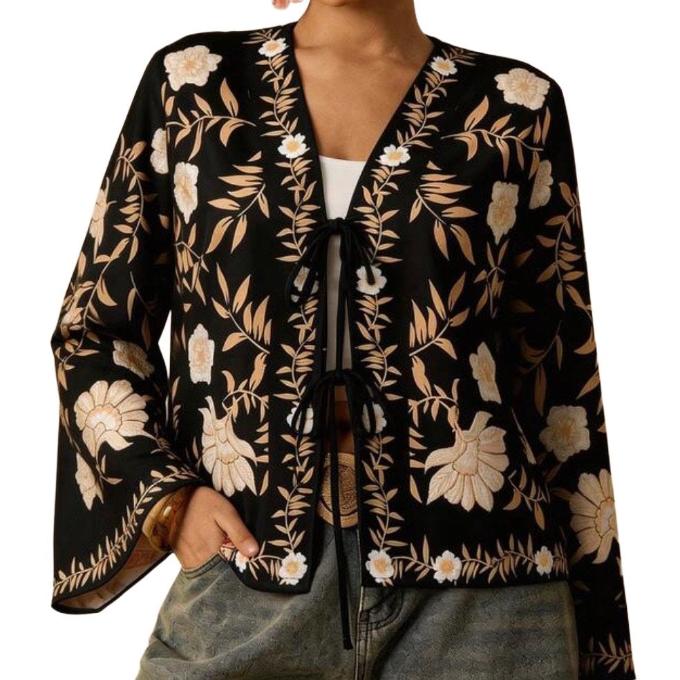 Zwarte kimono met bloemenprint en striksluiting (44-52), Verzenden, Nieuw, Zwart, Trui of Vest