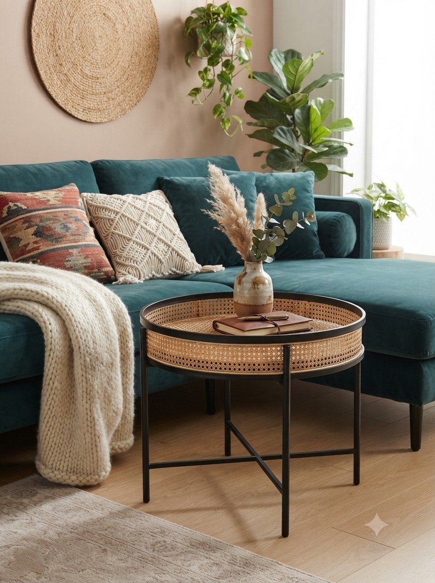 Rotan webbing bijzettafel, Verzenden, Zo goed als nieuw, Bruin, Boho