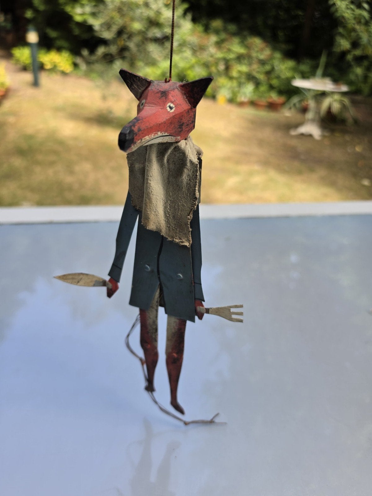 Oud blikken speelgoed vos wolf trekpop jumping jack figuur, Ophalen of Verzenden
