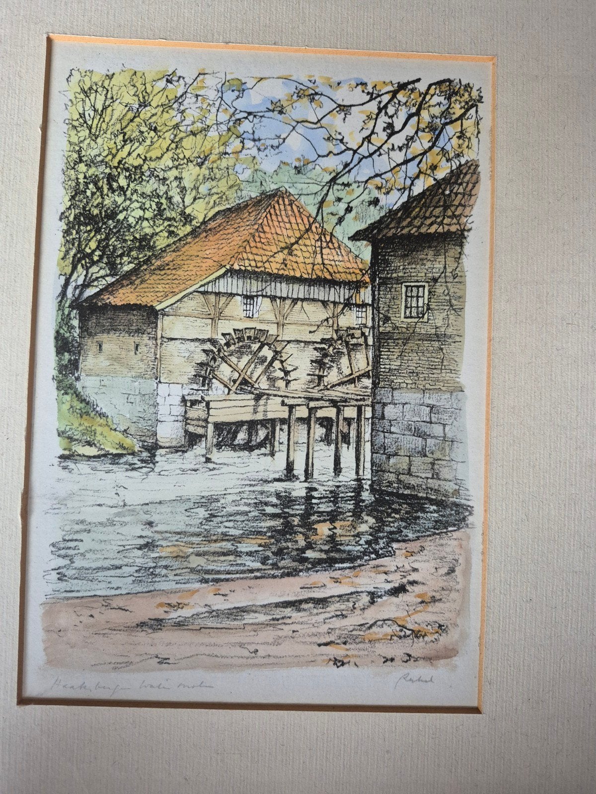 Haaksbergen Watermolen - Kleurrijke Ets, Handgekleurd, Ophalen of Verzenden, Landschap, 1950 - 1999