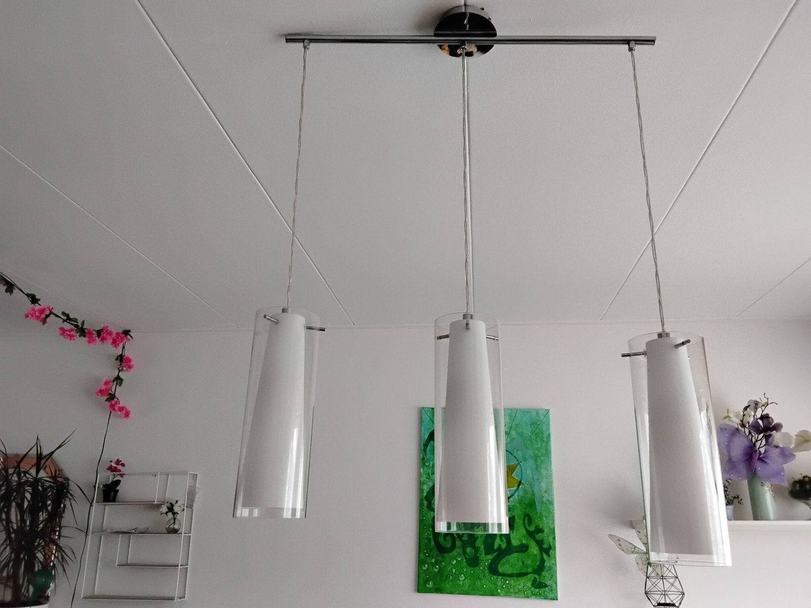 Hanglamp met 3 glazen kappen - wit en transparant, Ophalen, Gebruikt, Glas