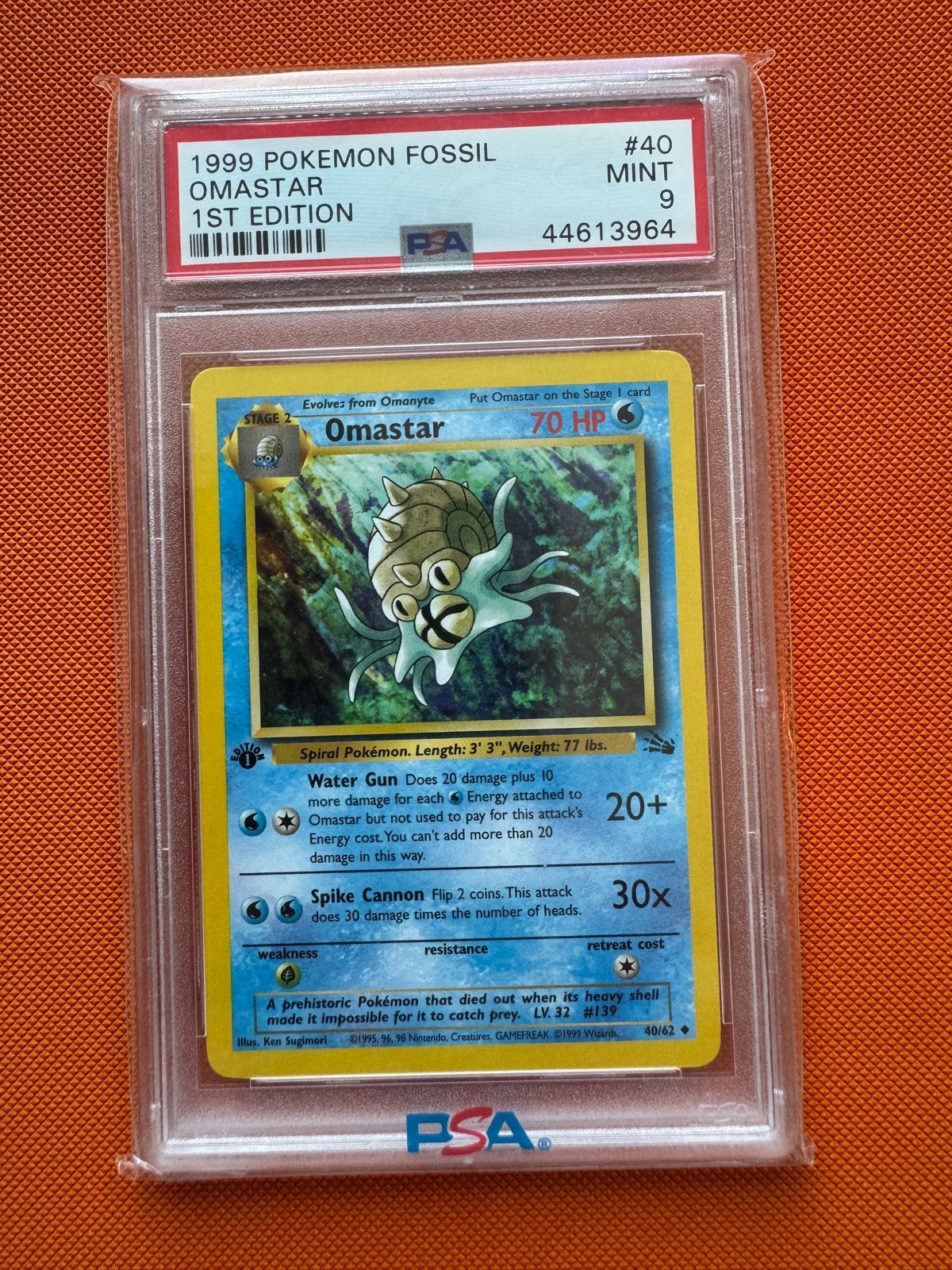 1999 Pokémon Fossil Omastar 1st Edition PSA 9 MINT #40, Ophalen of Verzenden, Nieuw, Losse kaart