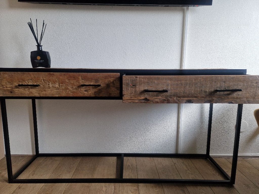 Dimehous Industrial Sidetable Rayan - 2 Drawers, Huis en Inrichting, Tafels | Sidetables, Gebruikt, 100 tot 150 cm, Ophalen, Overige houtsoorten