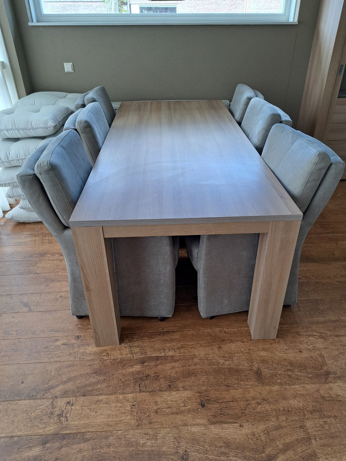 Eettafel met 6 comfortabele stoelen op wieltjes, Ophalen, Gebruikt, 200 cm of meer, 50 tot 100 cm