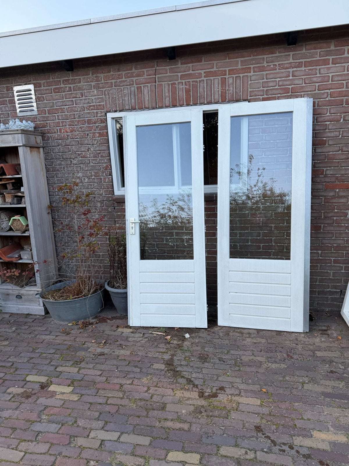 Set van 2 tuindeuren met glas en lamellen, Doe-het-zelf en Verbouw, Gebruikt, Minder dan 80 cm, Ophalen of Verzenden, Buitendeur