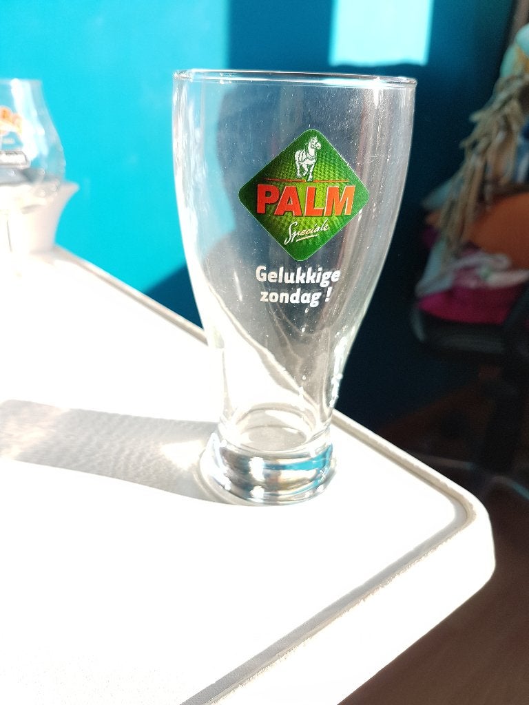 bierglas Palm speciale, Gelukkige zondag! ca. 14,5 cm., zgan, Verzamelen, Biermerken, Ophalen of Verzenden, Zo goed als nieuw