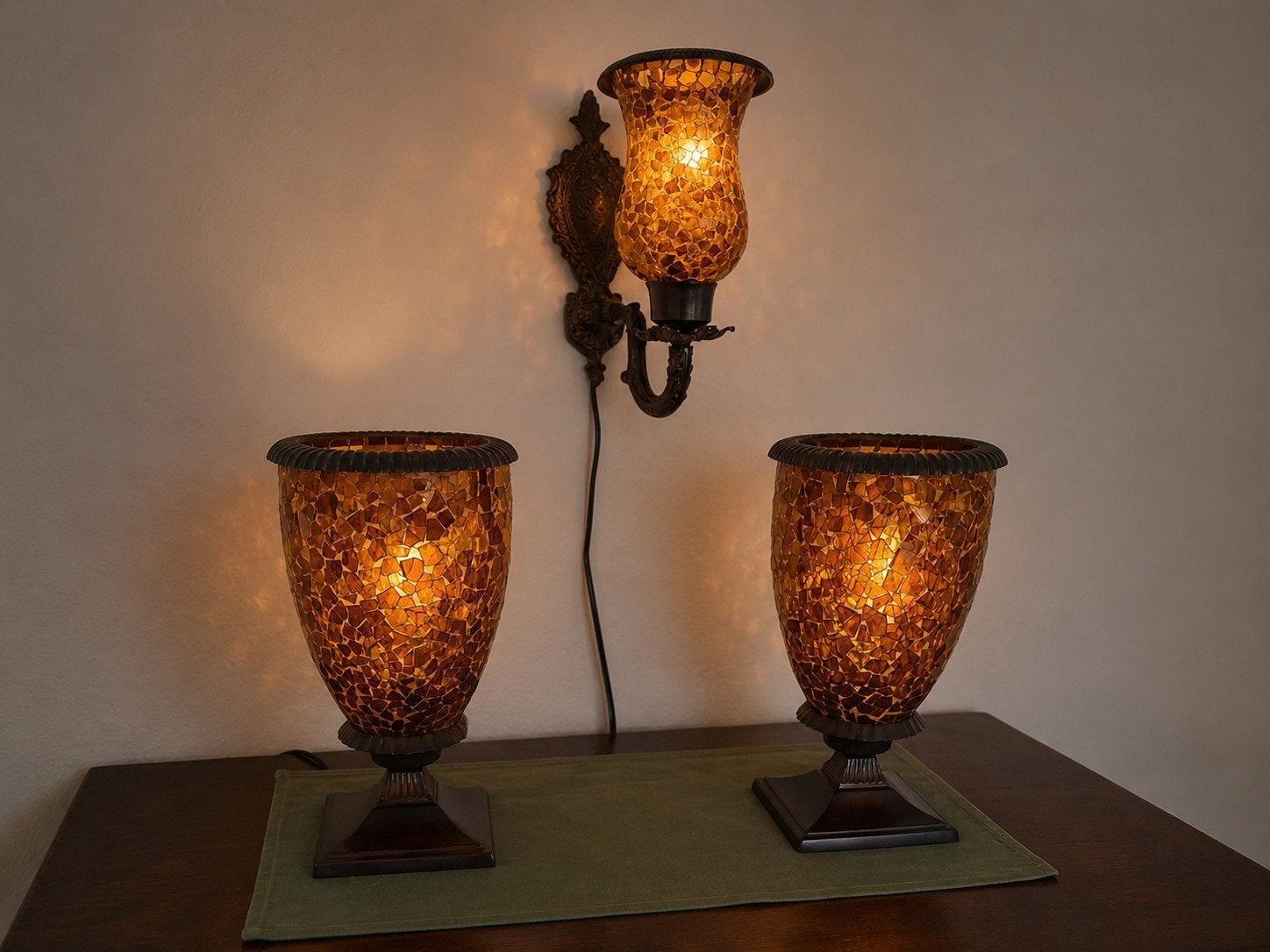 Set van 2 mozaïek tafellampen en 1 wandlamp, Ophalen, Zo goed als nieuw