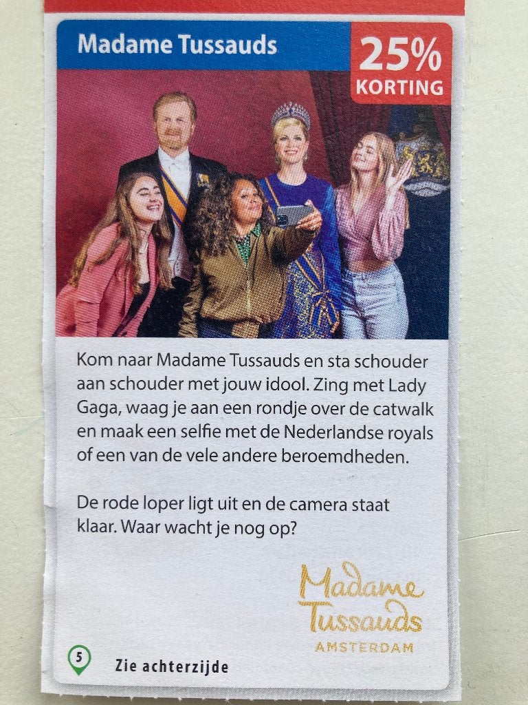 Kortingsbon Madame Tussauds Amsterdam, Tickets en Kaartjes, Kortingen en Cadeaubonnen, Drie personen of meer, Kortingsbon, Overige typen