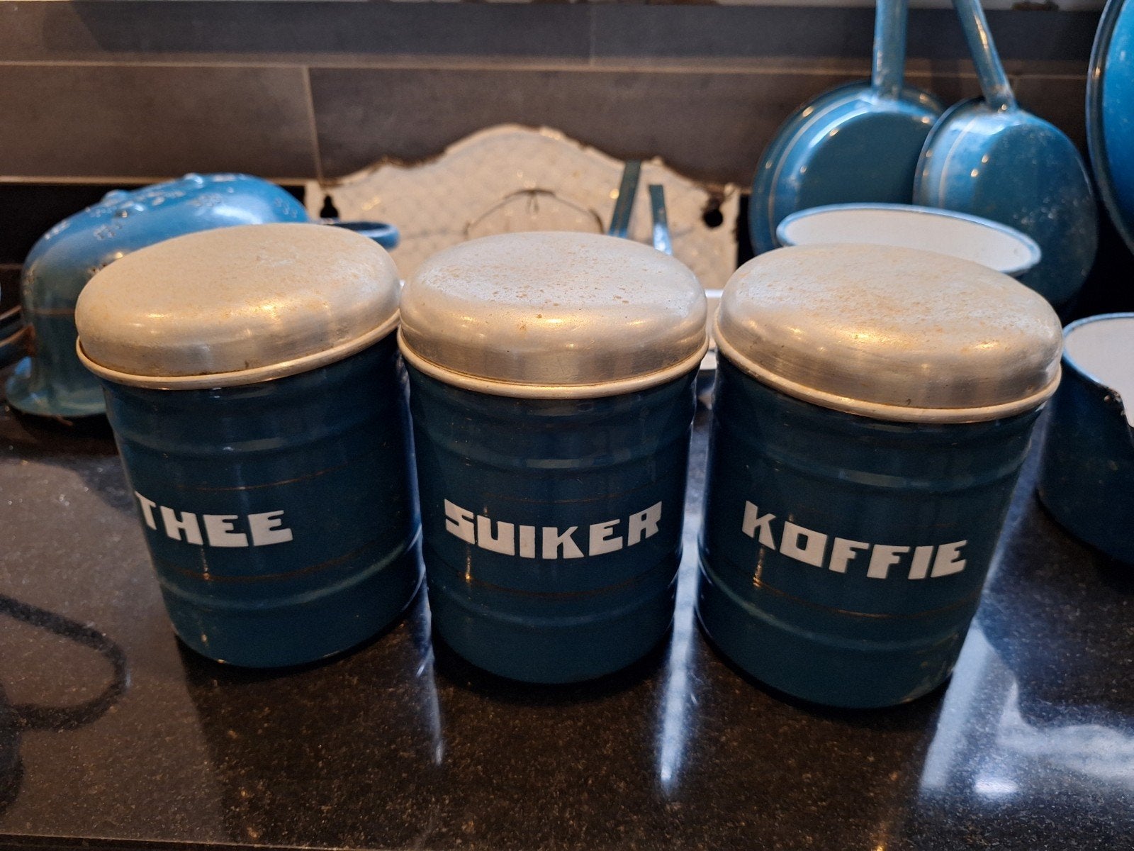 Vintage geëmailleerd keukengerei set - blauw, Antiek en Kunst, Antiek | Emaille, Ophalen of Verzenden