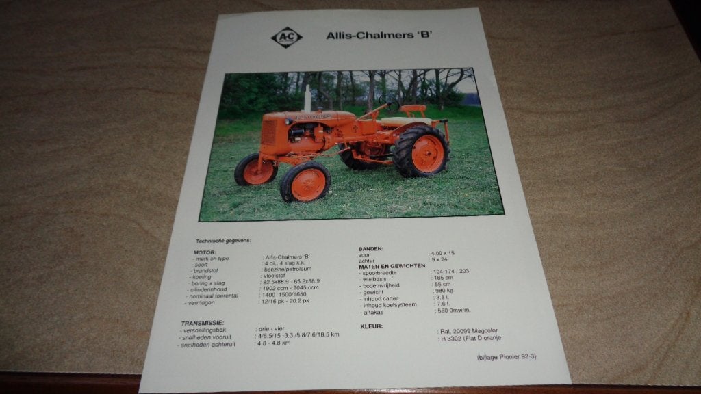 Folder Tractor  ALLIS - CHALMERS "B", Ophalen of Verzenden, Nieuw, Overige merken