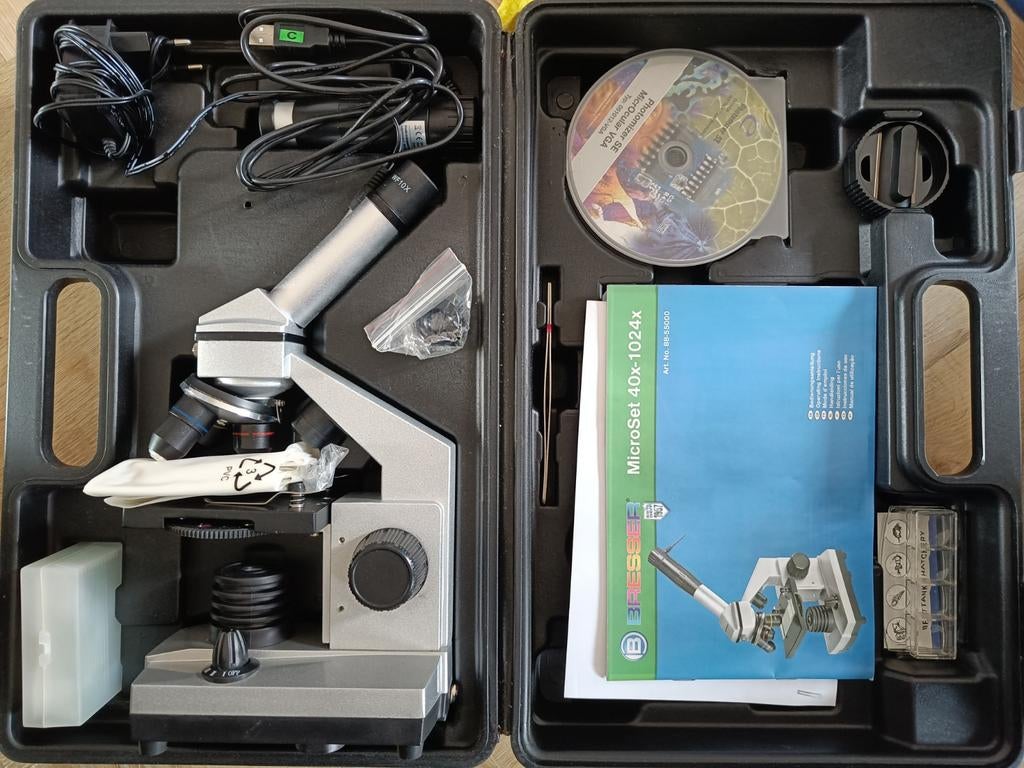 Bresser MicroSet 40x-1024x Microscoop met accessoires, Ophalen of Verzenden, Zo goed als nieuw, 1000x of meer, Biologische microscoop