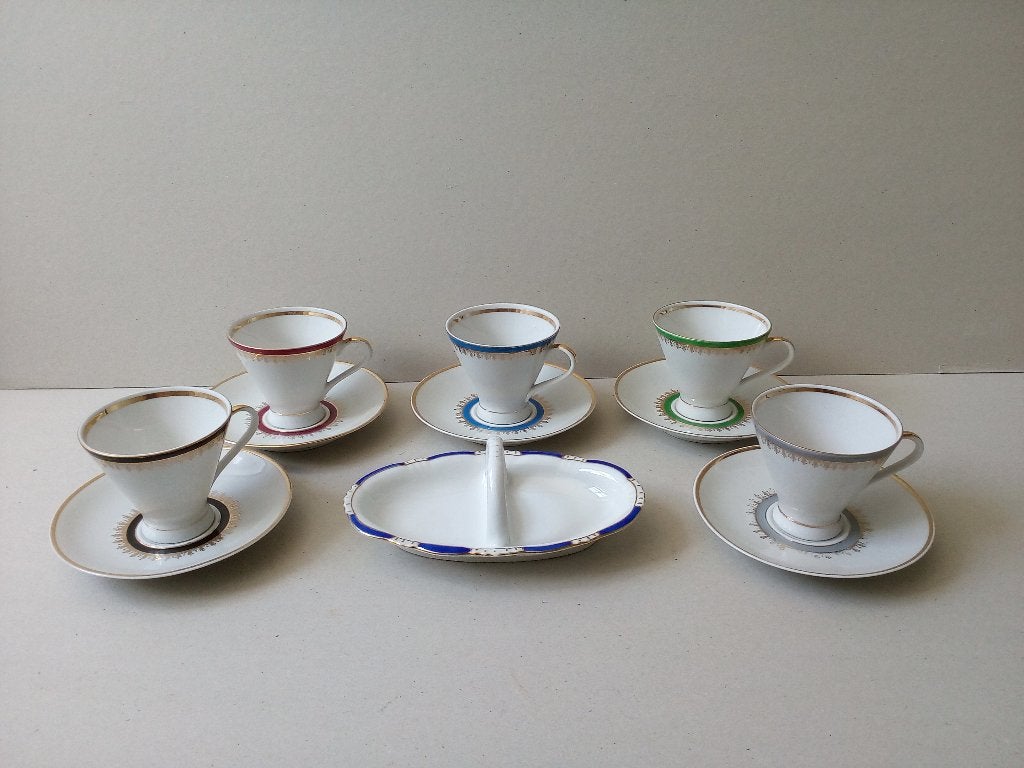Set vintage porseleinen kop en schotels met serveerschaal, Ophalen of Verzenden