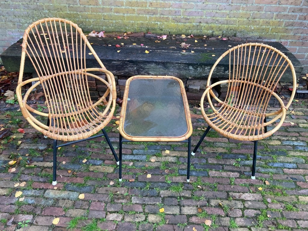 setje twee vintage bamboe stoeltjes + tafeltje met glasplaat, Ophalen of Verzenden