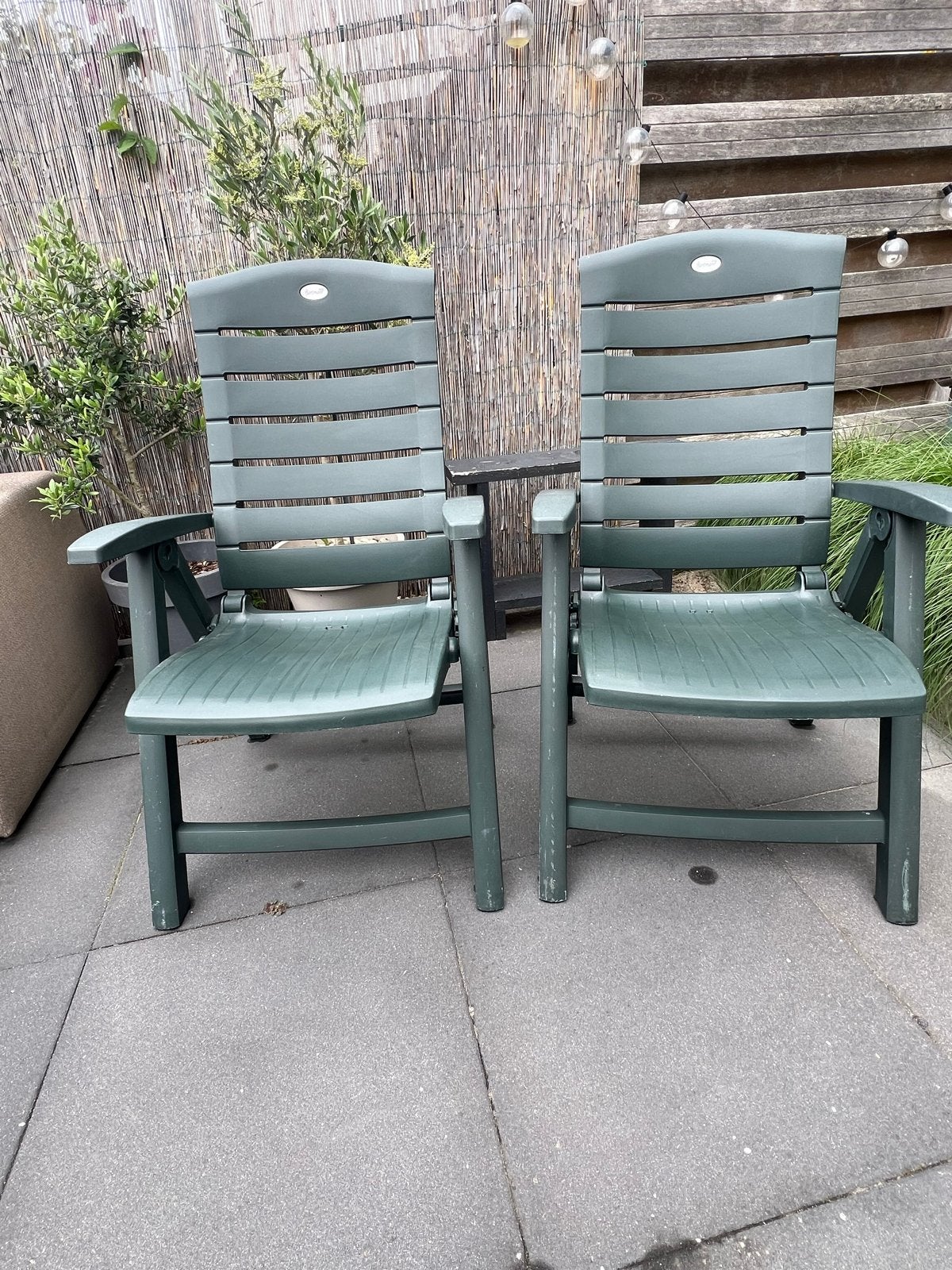 2x Groene verstelbare Hartman tuinstoelen met kussens, Ophalen, Gebruikt, Kunststof, Verstelbaar