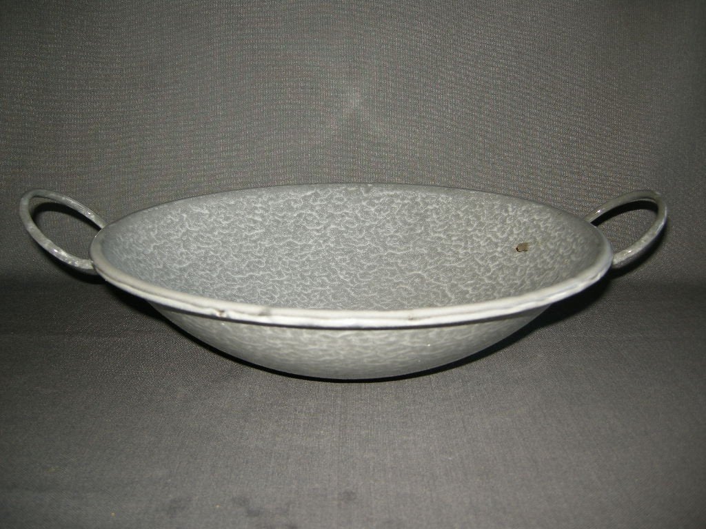 Emaille, grijs gewolkt, wok doorsnee 32,5 cm., Ophalen of Verzenden