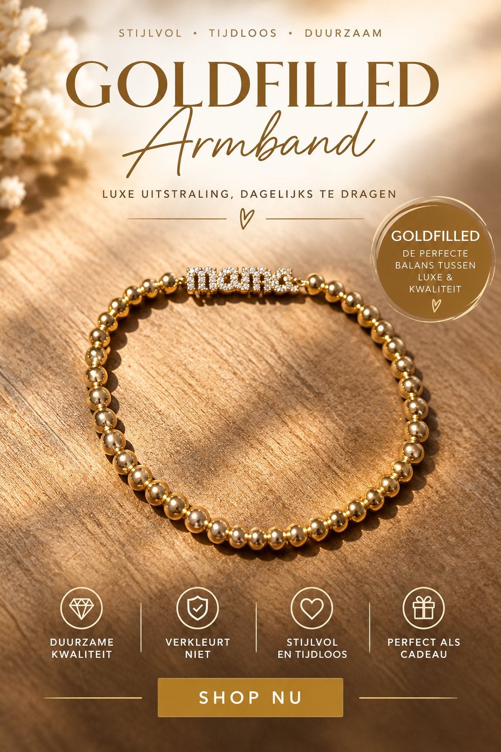 Goldfilled Mama armband Zirconia, Nieuw, Ophalen of Verzenden, Goud, Goud