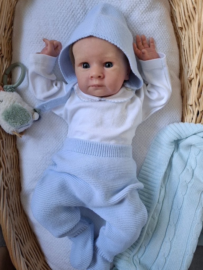 Reborn, schattig lichtblauw gebreid set, maat 56, Ophalen of Verzenden, Zo goed als nieuw, Pop, Levensecht of Reborn