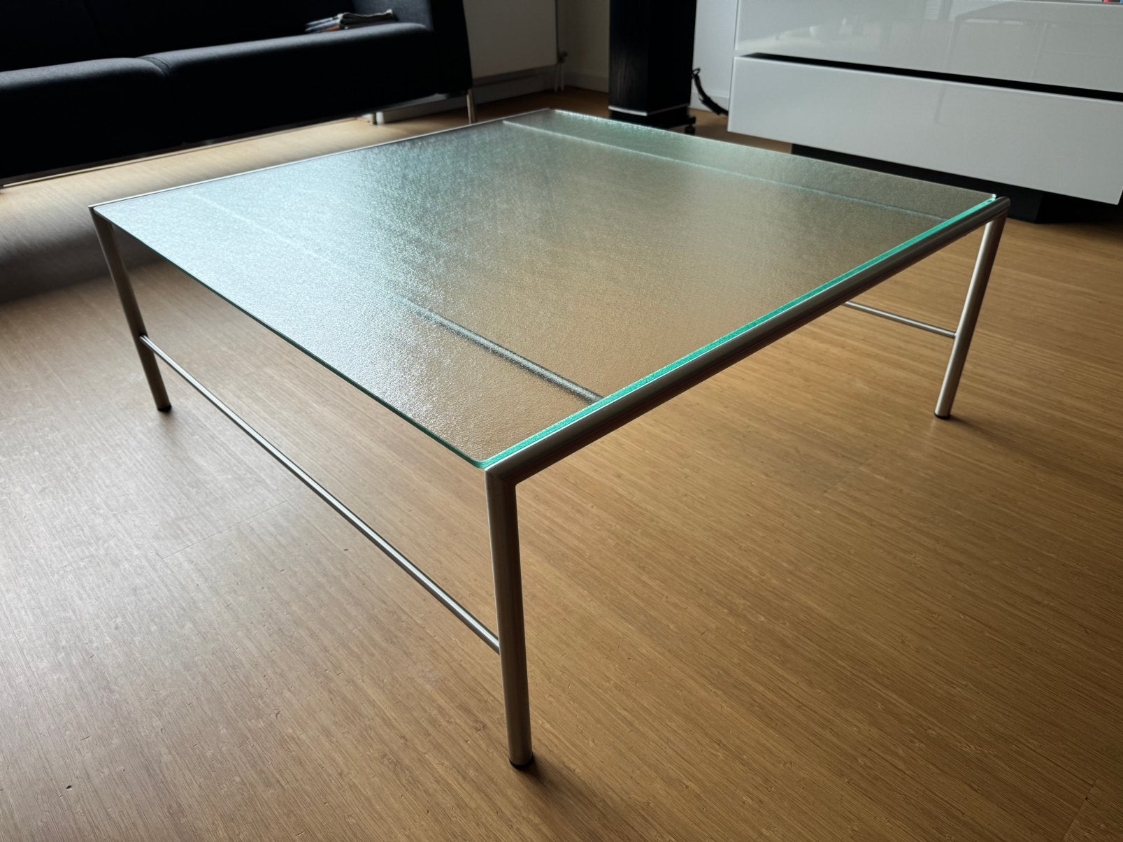 Design salontafel RVS + crepi glas, Ophalen, Design, Vierkant, Zo goed als nieuw