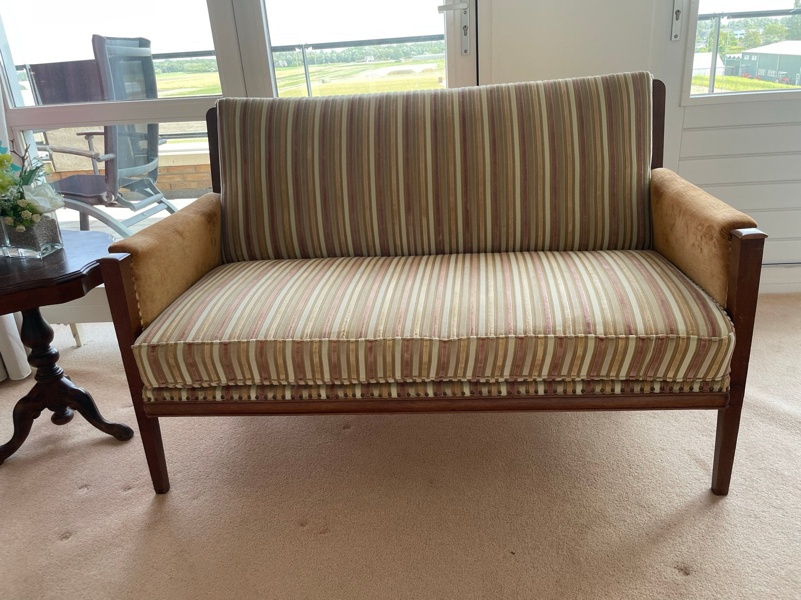 Vintage gestreepte tweezitsbank en fauteuil set, Ophalen