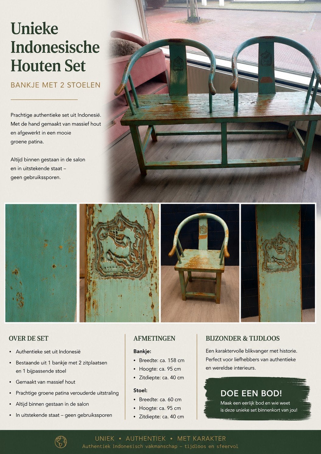 Indonesische houten bank + stoel | uniek decoratief meubel |, Ophalen, 75 tot 100 cm, Hout, Minder dan 150 cm