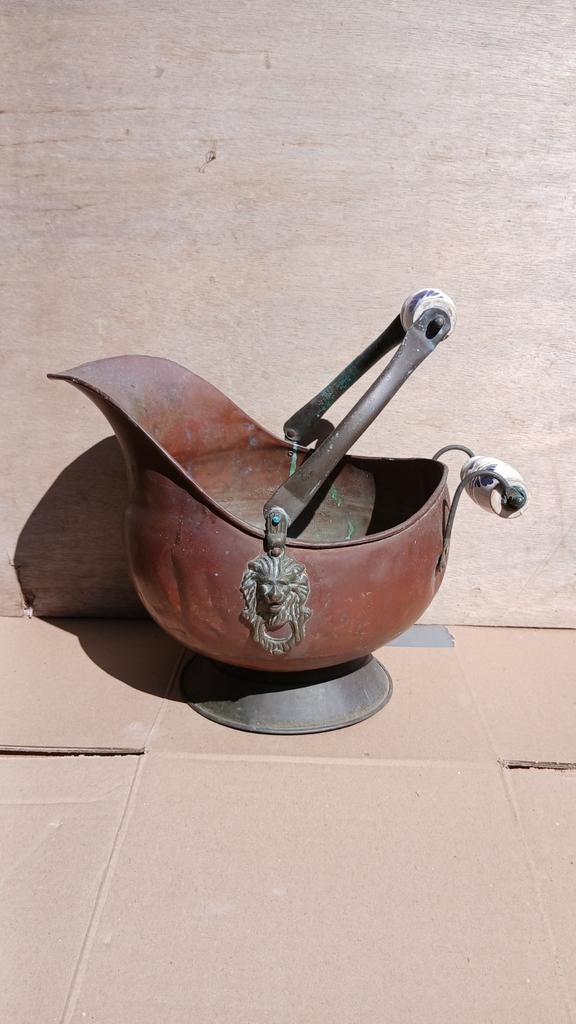 Antieke Koperen Kolenemmer met Leeuwekop, Ophalen, Koper