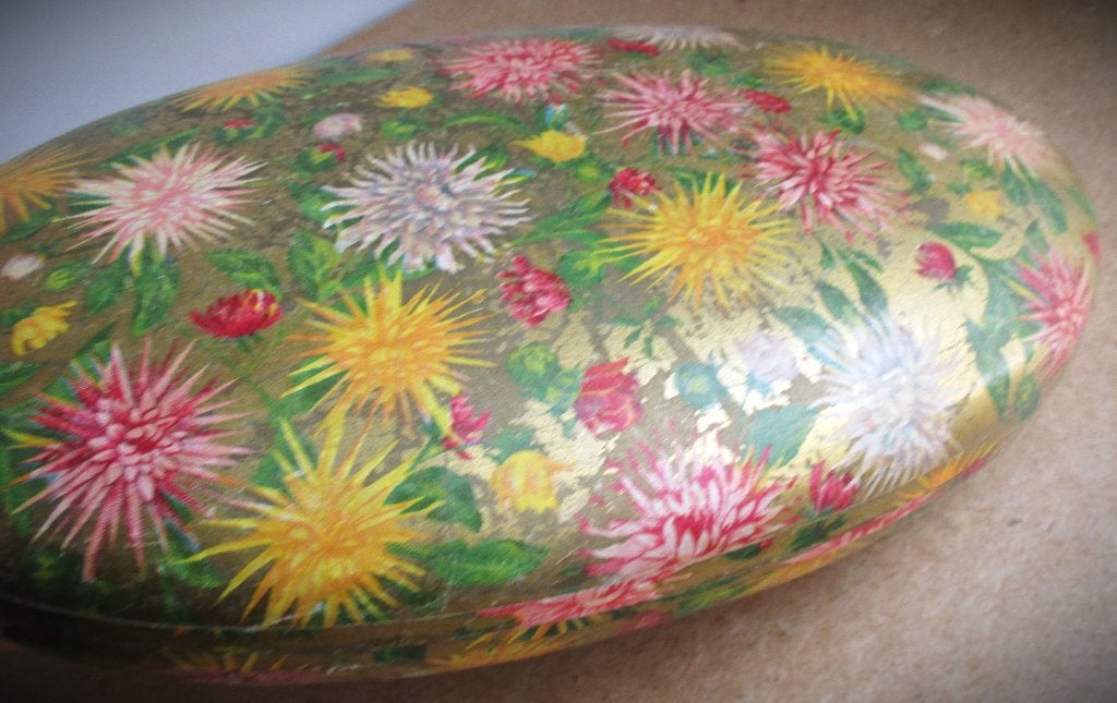 Box~Doos~Papiermachee~Ovale met Bloemenprint - Goudkleurig, Ophalen of Verzenden
