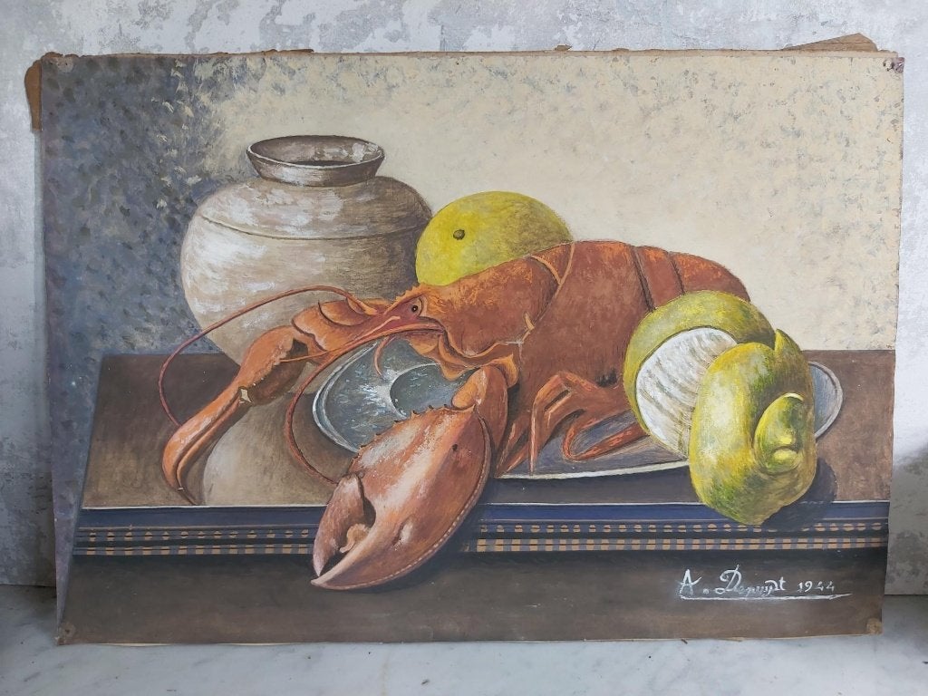 Oud waterverfschilderij stilleven kreeft 1944 (papier/karton, Stilleven, Ophalen of Verzenden, Aquarel, Papier