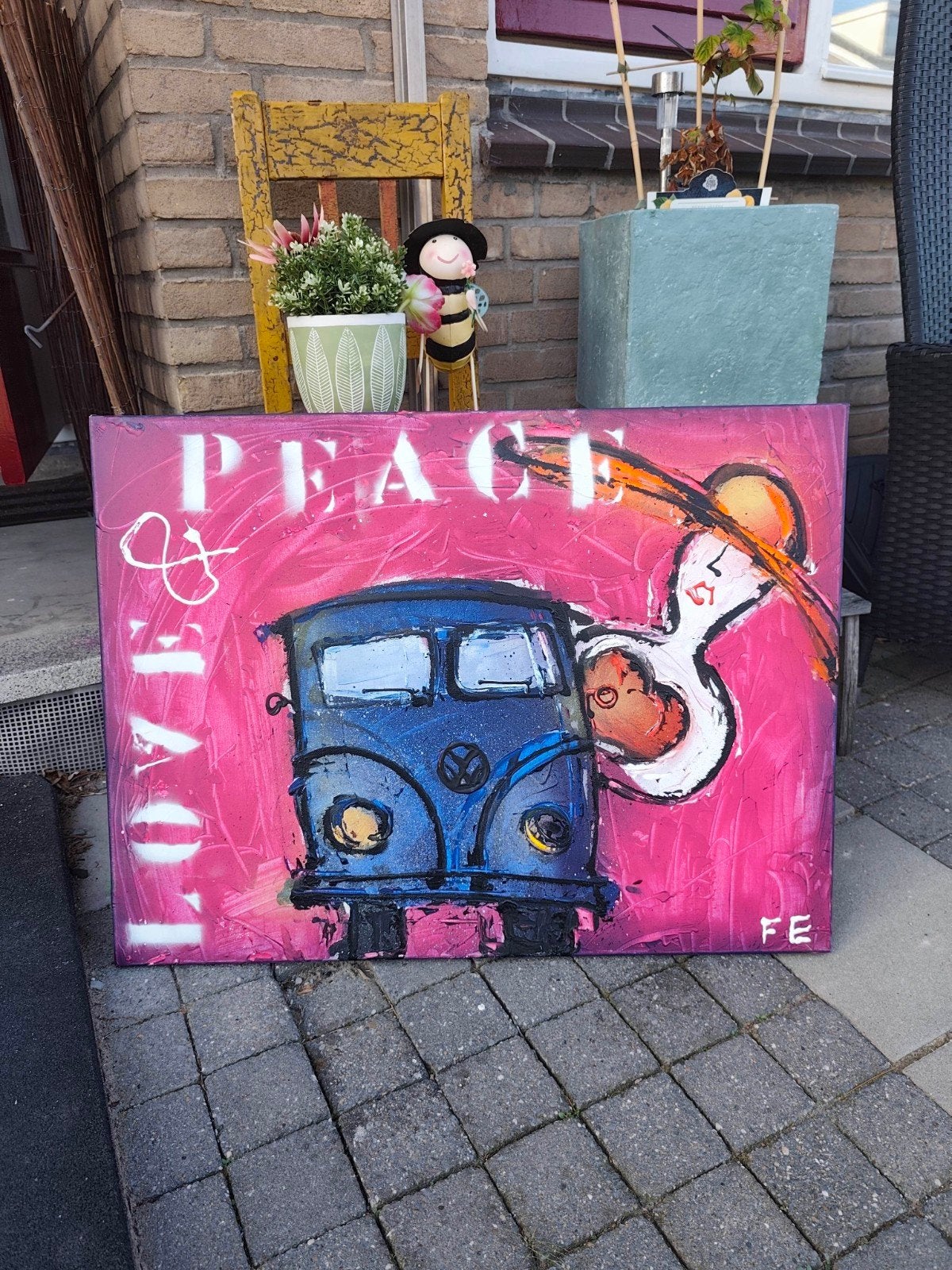 Modern schilderij: Love & Peace VW bus, Antiek en Kunst, Acrylverf, Gesigneerd, Textiel, Ophalen