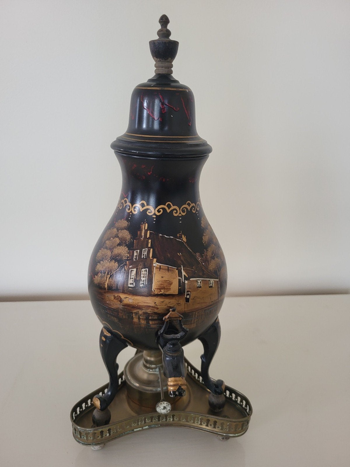 Antieke tinnen koffiekan, handgeschilderd, met toebehoren, Antiek en Kunst, Ophalen
