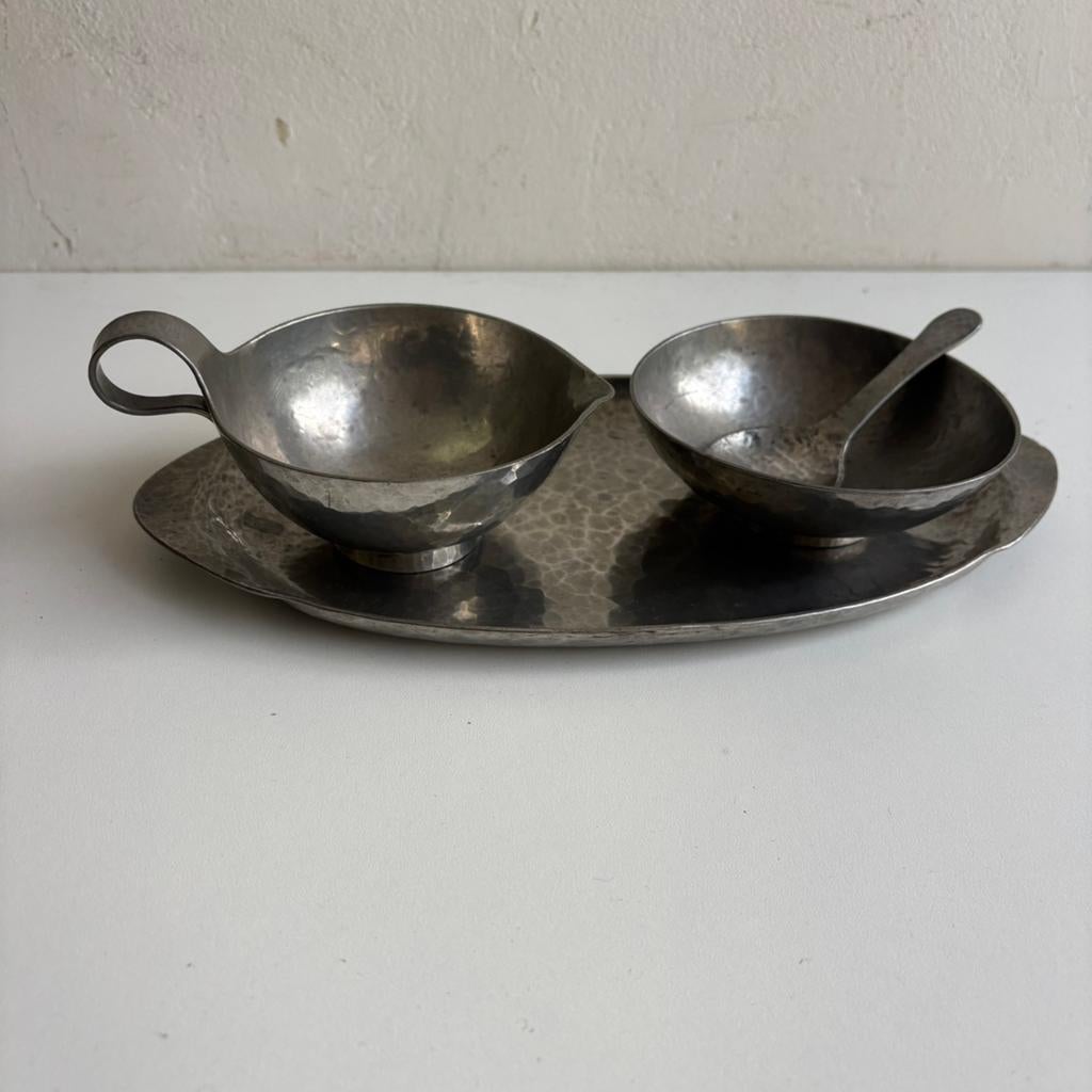 Gehamerd art deco tinnen melk en suiker setje, Ophalen of Verzenden