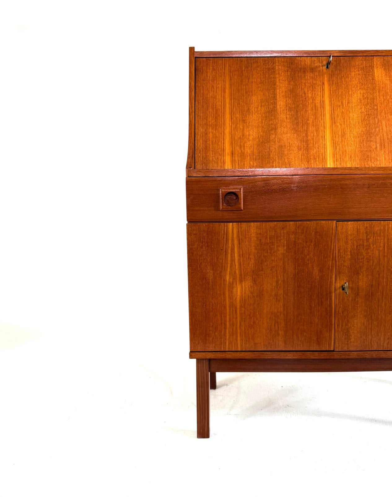 Vintage teakhouten secretaire ‘60, Vintage retro buisframe design rotan webbing papercord deens, Ophalen of Verzenden, Zo goed als nieuw
