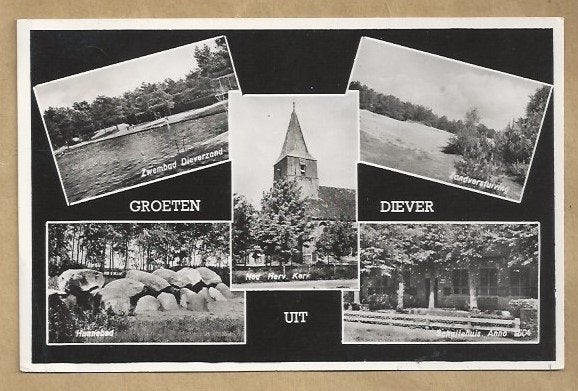 Oude ansichtkaart Diever Drenthe - Zwembad, Kerk, Hunebed, Verzamelen, Ophalen of Verzenden, 1940 tot 1960, Gelopen, Drenthe